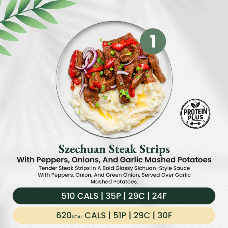 Szechuan Steak Strips with Peppers, Onions, and Garlic Mashed Potatoes