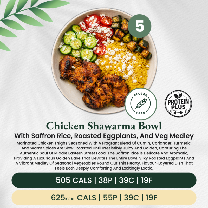 Chicken Shawarma Bowl with Saffron Rice, Roasted Eggplants, and Veg medley