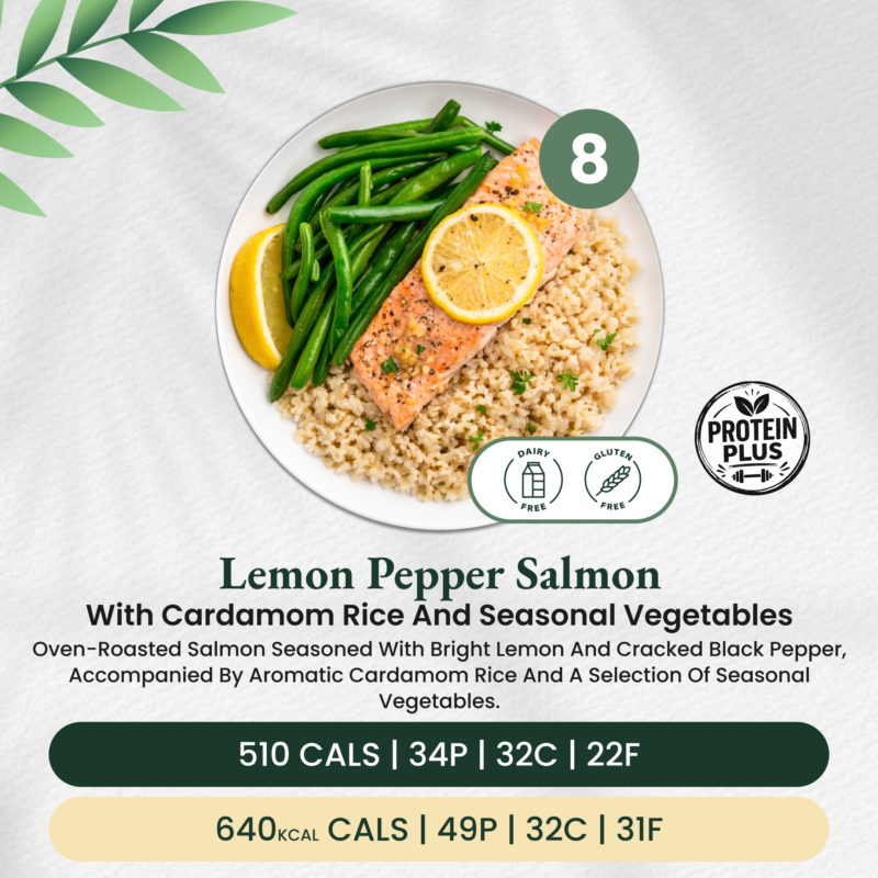 Lemon Pepper Salmon with cardamom rice and seasonal vegetables