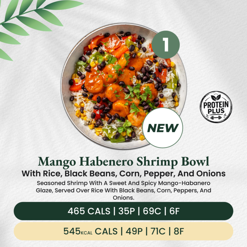 Mango Habenero Shrimp Bowl with Rice, Black Beans, Corn, Pepper, and Onions