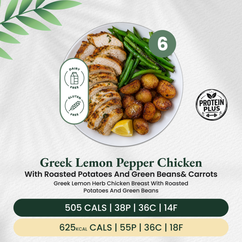 Greek Lemon pepper Chicken with Roasted Potatoes and Green Beans& Carrots