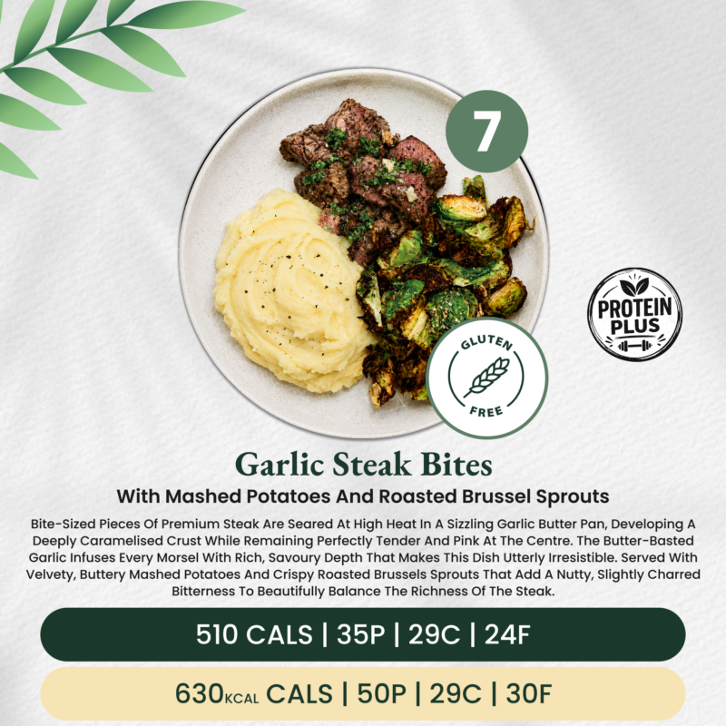 Garlic Steak Bites with Mashed Potatoes and Roasted Brussel Sprouts