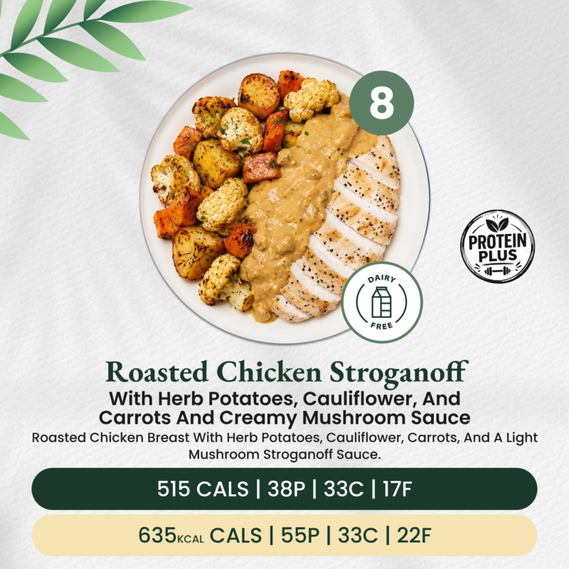 Roasted Chicken Stroganoff with Herb Potatoes, Cauliflower, and Carrots and Creamy Mushroom Sauce