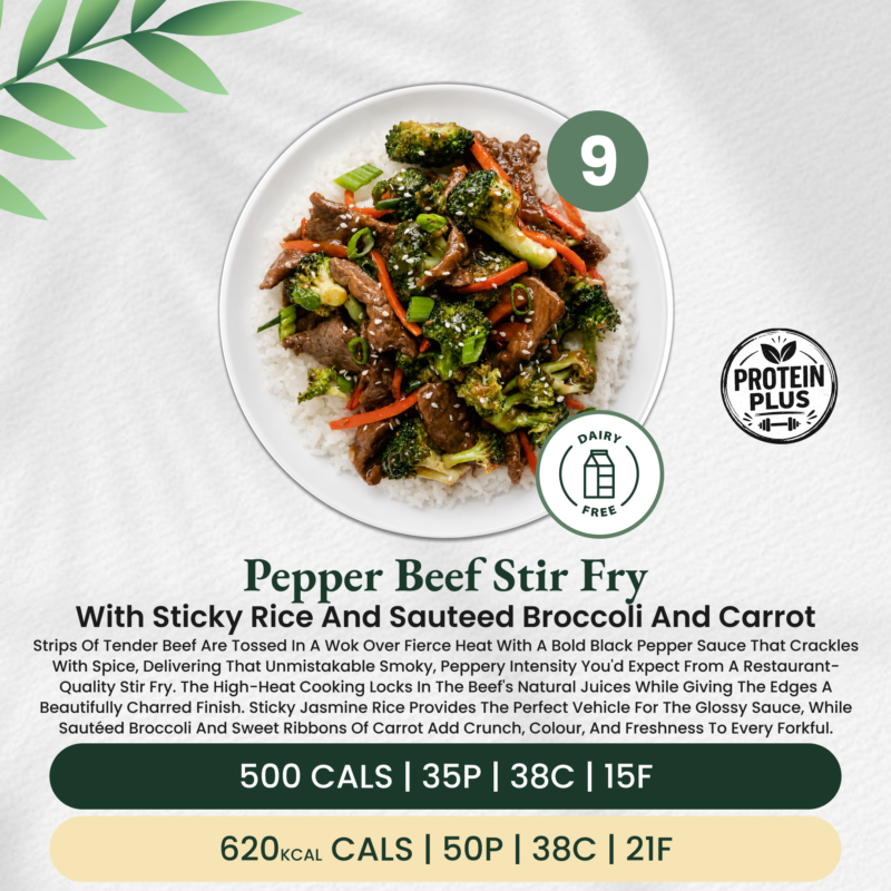 Pepper Beef Stir Fry with Sticky Rice and Sauteed Broccoli and Carrot
